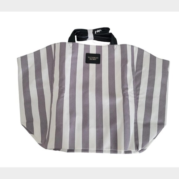 Victoria's Secret Striped Gray White Weekender Bag Travel Canvas Large Tote New - Picture 1 of 5